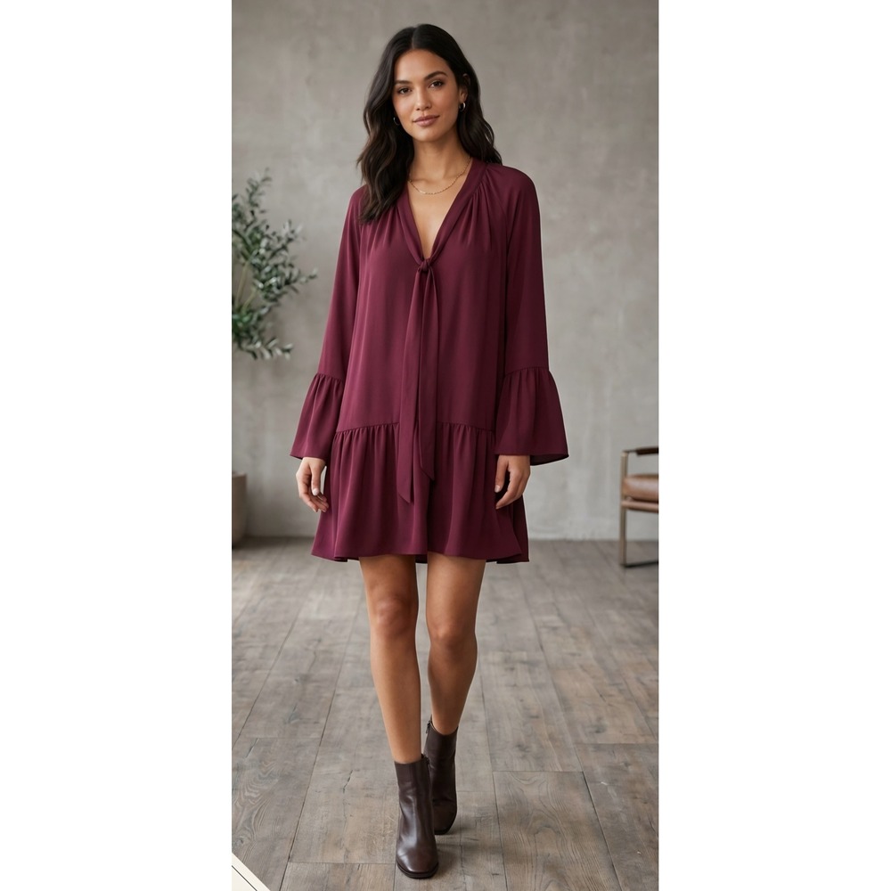 Amanda Uprichard Holland Dress Burgundy Tie Neck Ruffle Mini Bell Sleeve S